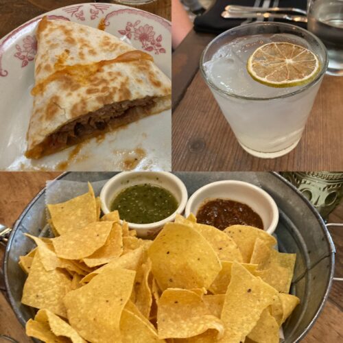 Food at El Camino: chips and salsa, a margarita, and their quesadilla