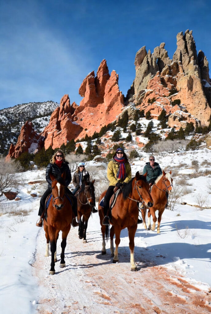 Horseback Riding through Garden of the Gods - Group on Horses with snow