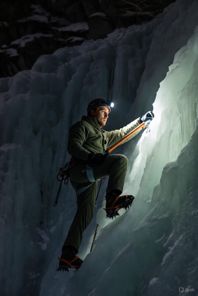 ice climbing in Colorado - man at night